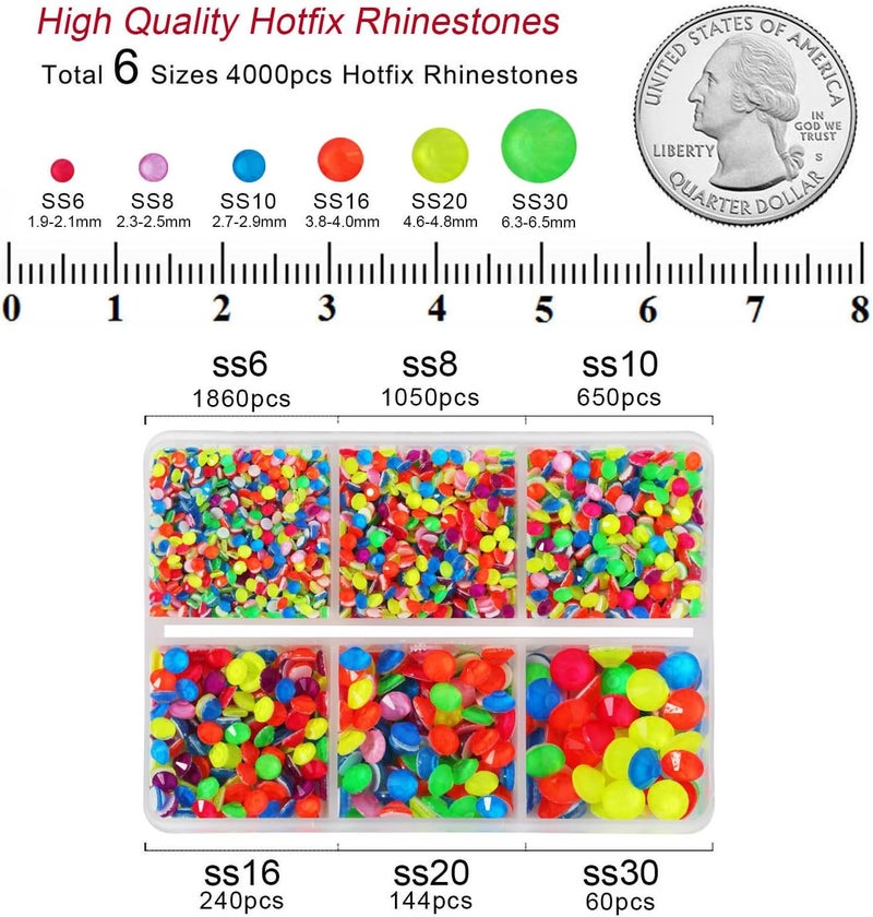 BEADSLAND Hotfix Rhinestones, 4000 PCS Rhinestones for Clothes Crafts Mixed 6 Sizes with Wax Pencil and Tweezers Kit, SS6-SS30, Neon Mix - Image 4